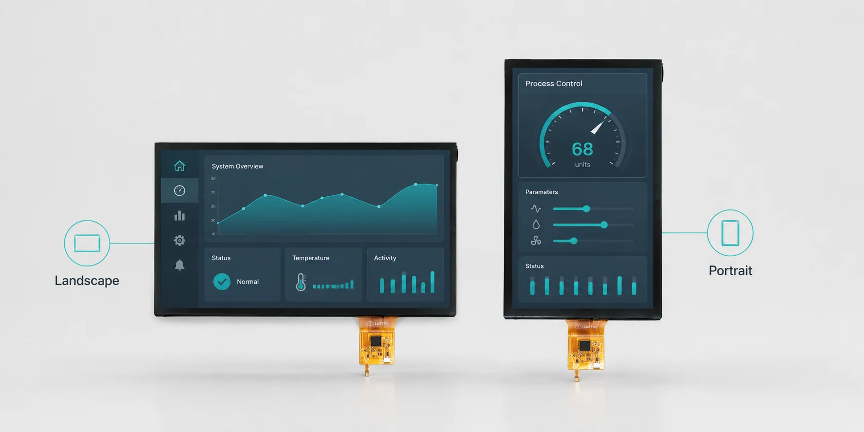IPS display modules in landscape and portrait orientation configurations