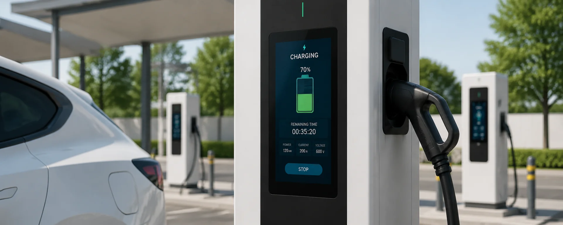Vertical TFT display on EV charger showing charging status and payment flow