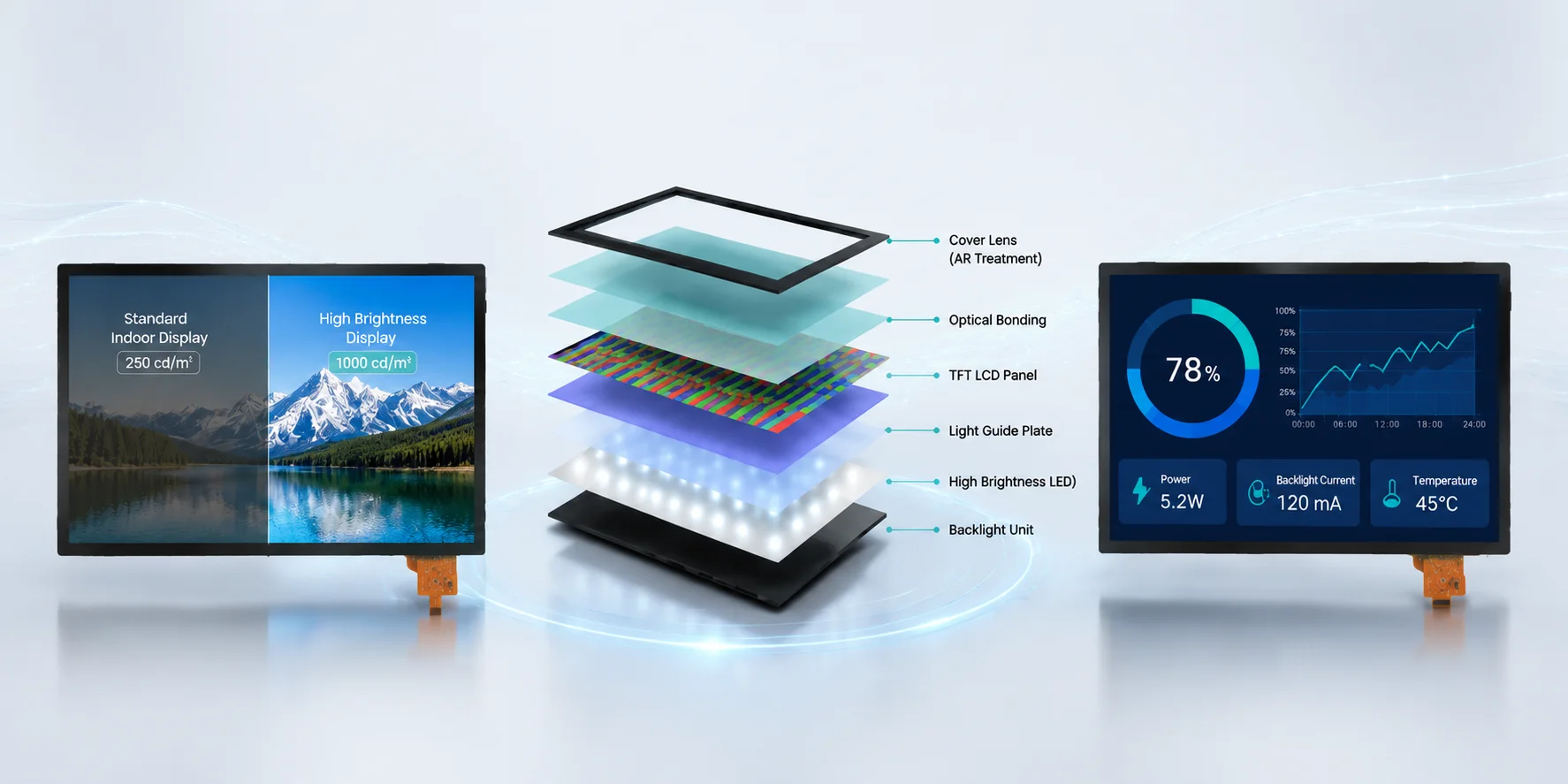 Technical diagram showing high brightness display readability factors including brightness, contrast, optical bonding and surface treatment