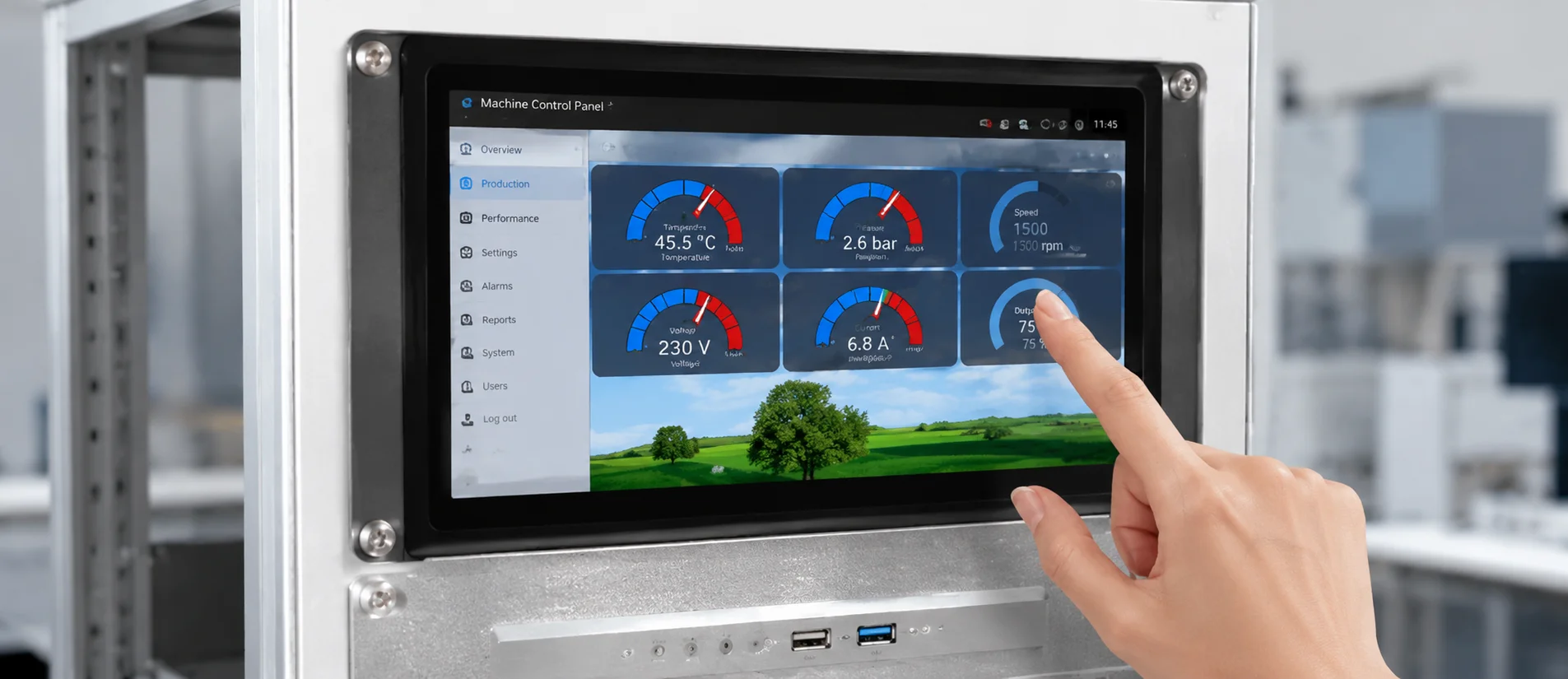 Portrait touch display on industrial HMI compact machine panel