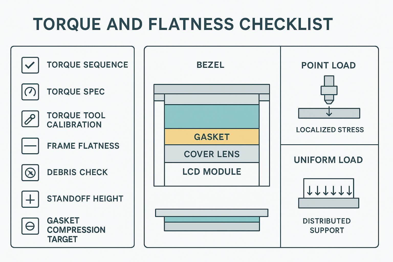 Annotated infographic: torque and flatness checklist with gasket compression zones and point-load vs uniform-load diagrams to reduce industrial LCD pressure damage risk.