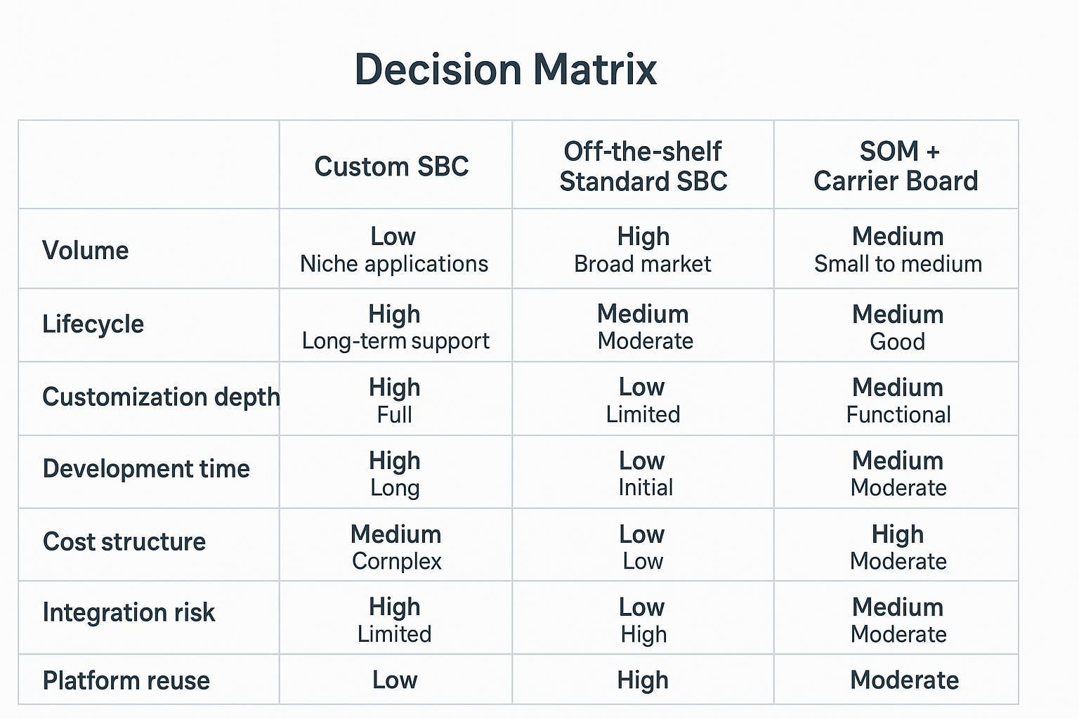 Custom SBC vs standard SBC vs SOM decision matrix