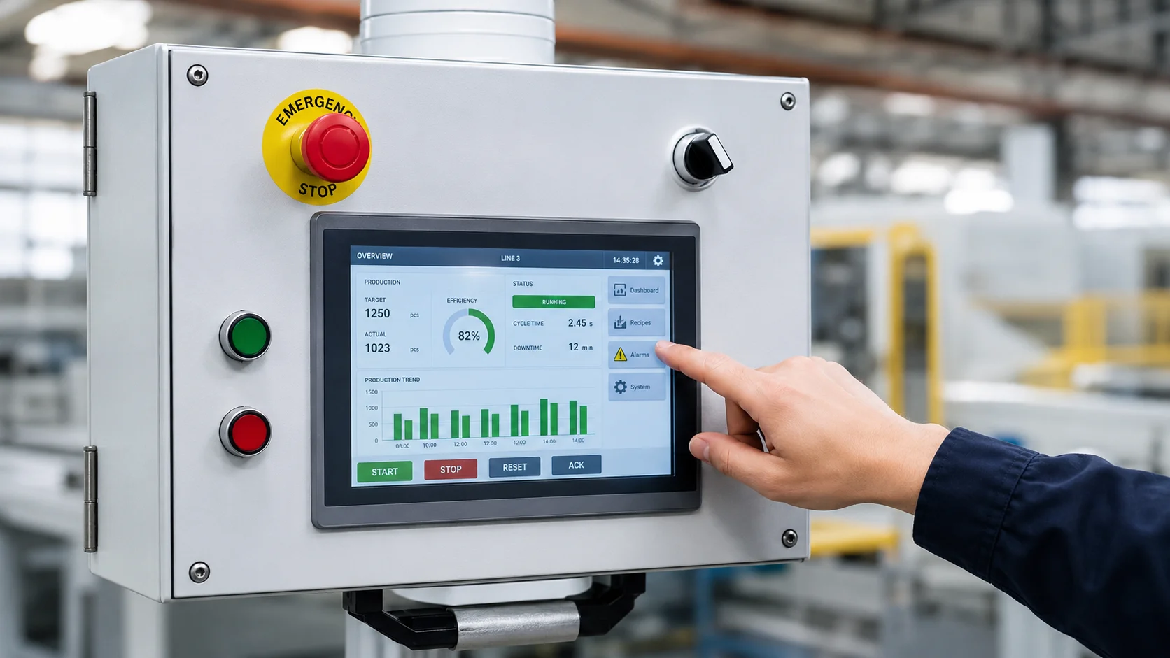 Capacitive touch screen installed in an industrial HMI panel
