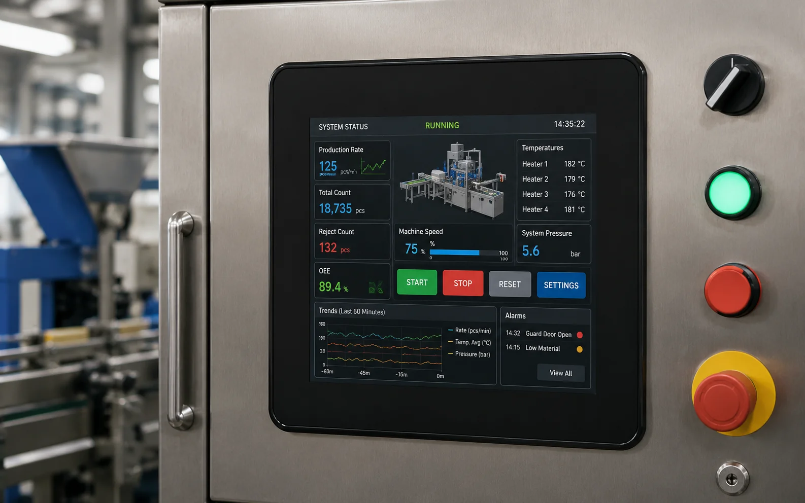 Horizontal TFT display showing equipment dashboard with trend charts