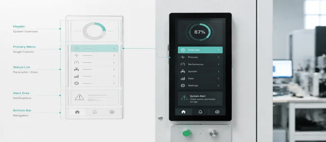 Vertical UI layout wireframe showing single-column menus and status lists