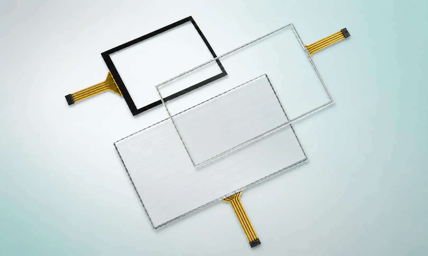 Resistive touch panel product close-up showing FPC connector and layered structure