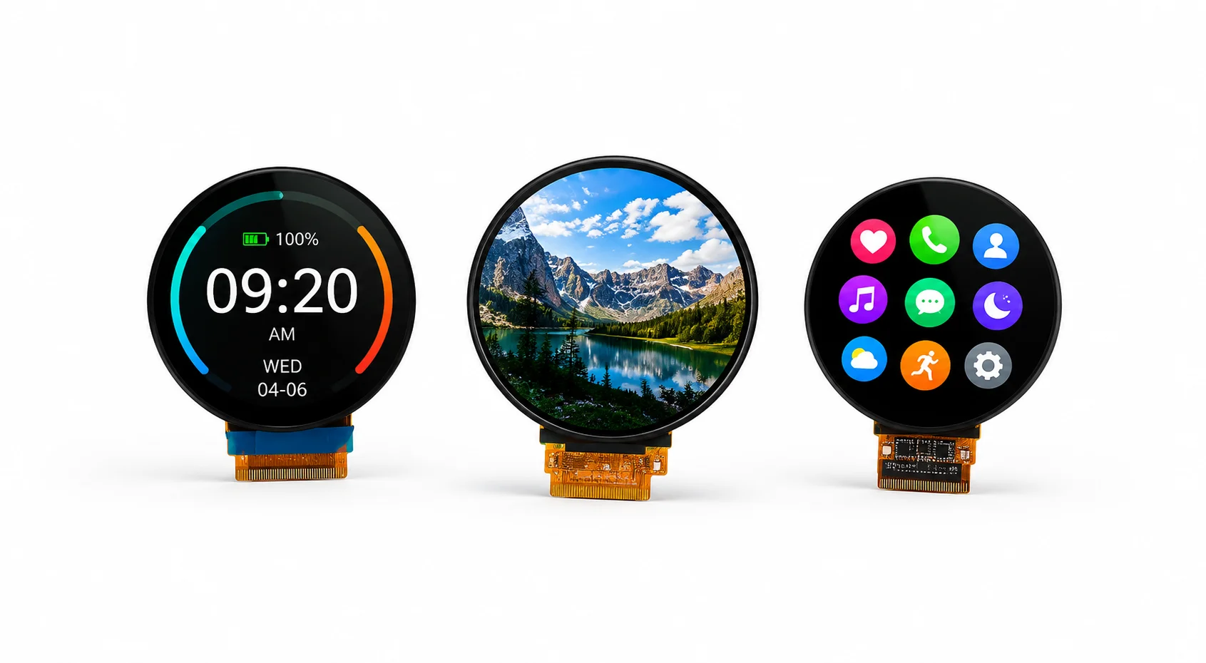Round display modules for circular dashboards and knob interfaces