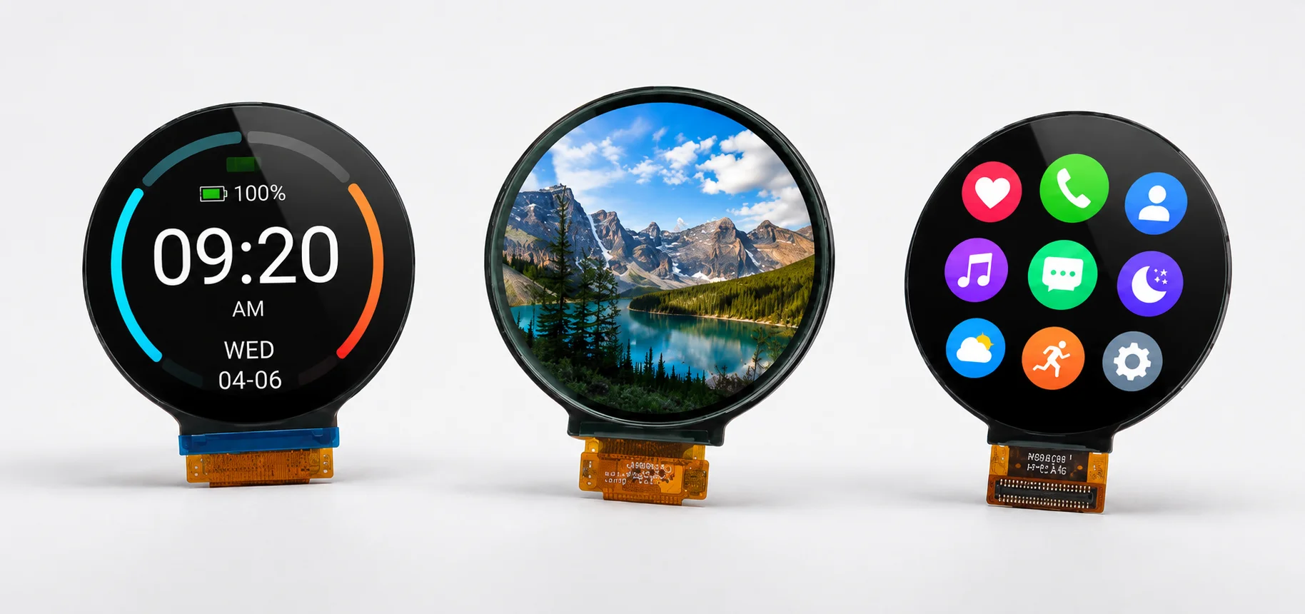 Custom round TFT display with modified FPC direction and cover lens design