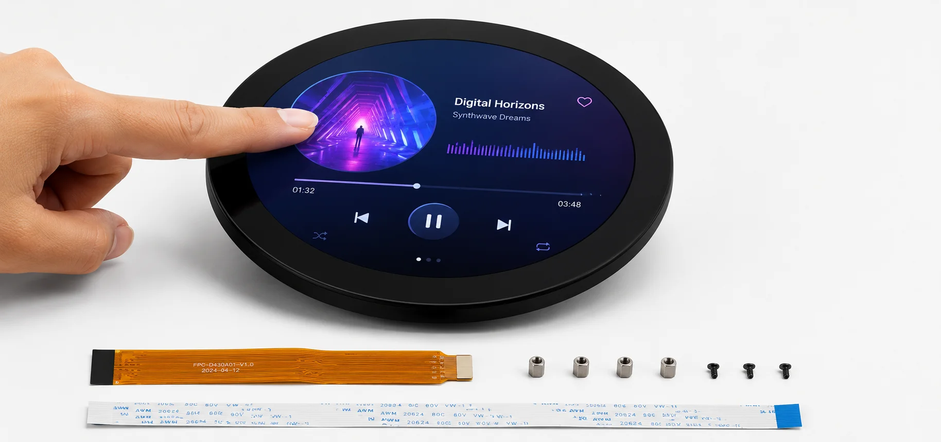 Round TFT display module close-up showing circular color interface