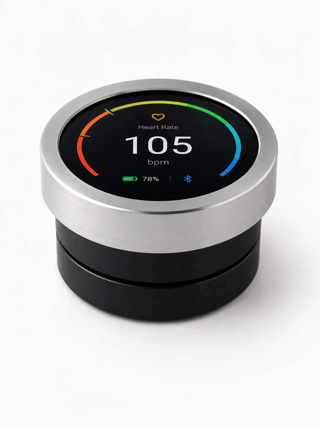 Round display on portable healthcare device showing compact status reading interface