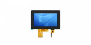 A TFT LCD touch display module featuring a black bezel, blue screen, and flexible yellow ribbon connectors on a white background.