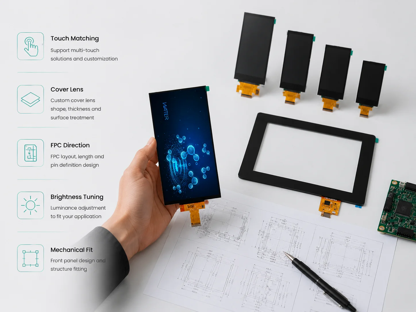 Custom portrait display customization options including touch, FPC, and cover lens