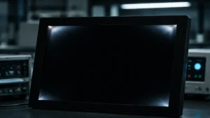 Close-up of an industrial LCD touchscreen display with a black screen and illuminated edges, placed in a laboratory environment.
