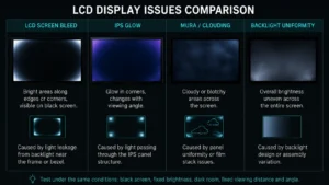 Comparison of LCD display issues: screen bleed showing bright edges, IPS glow visible in corners, mura or clouding with blotchy patterns, and uneven backlight uniformity across the screen.